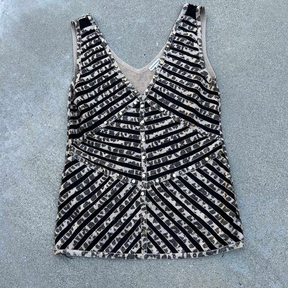 Boston Proper Black and Metallic Gold Striped Velvet Tank with Studs